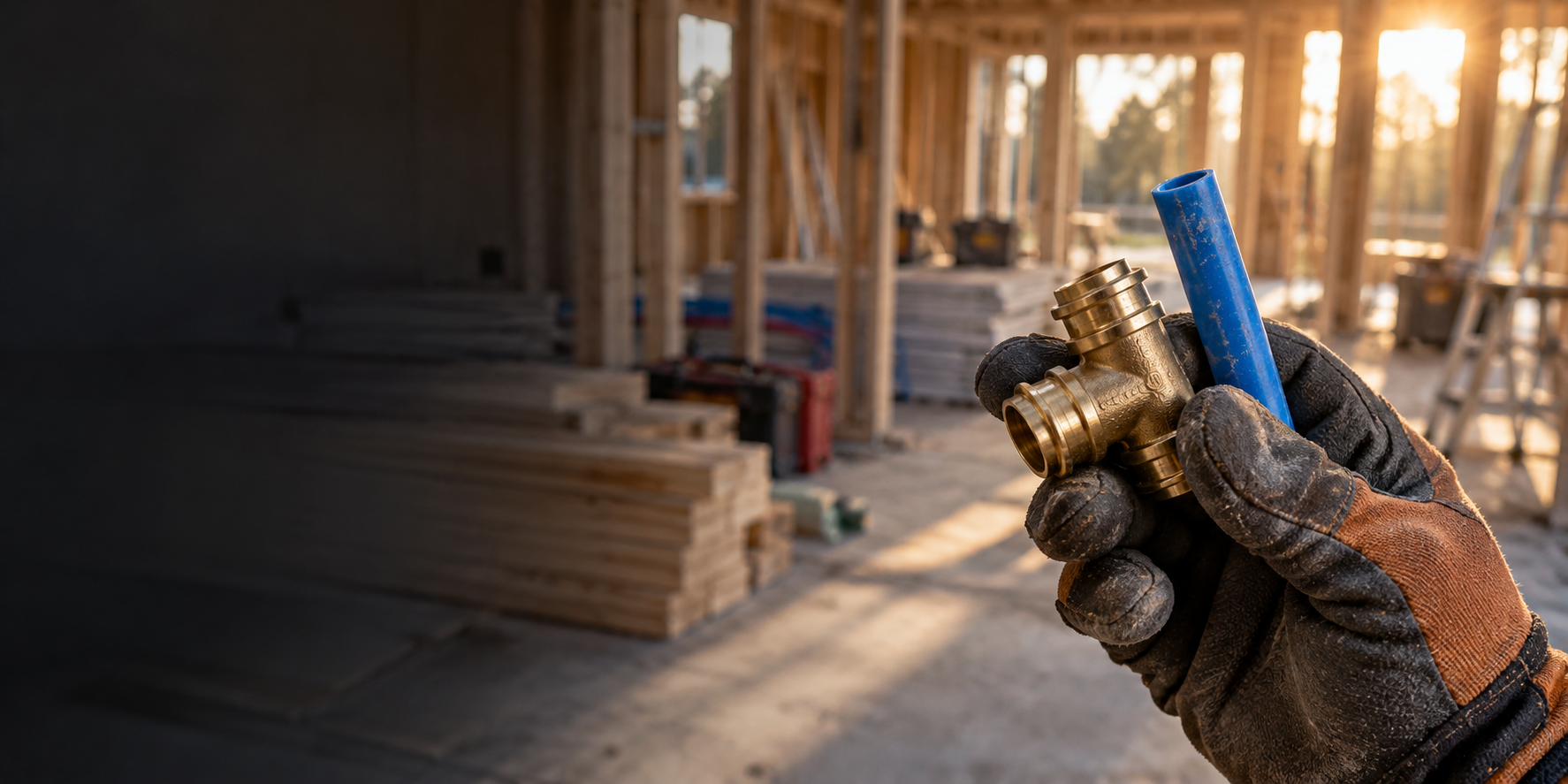 A contractor holding a plumbing fitting and PEX tubing at a residential construction site